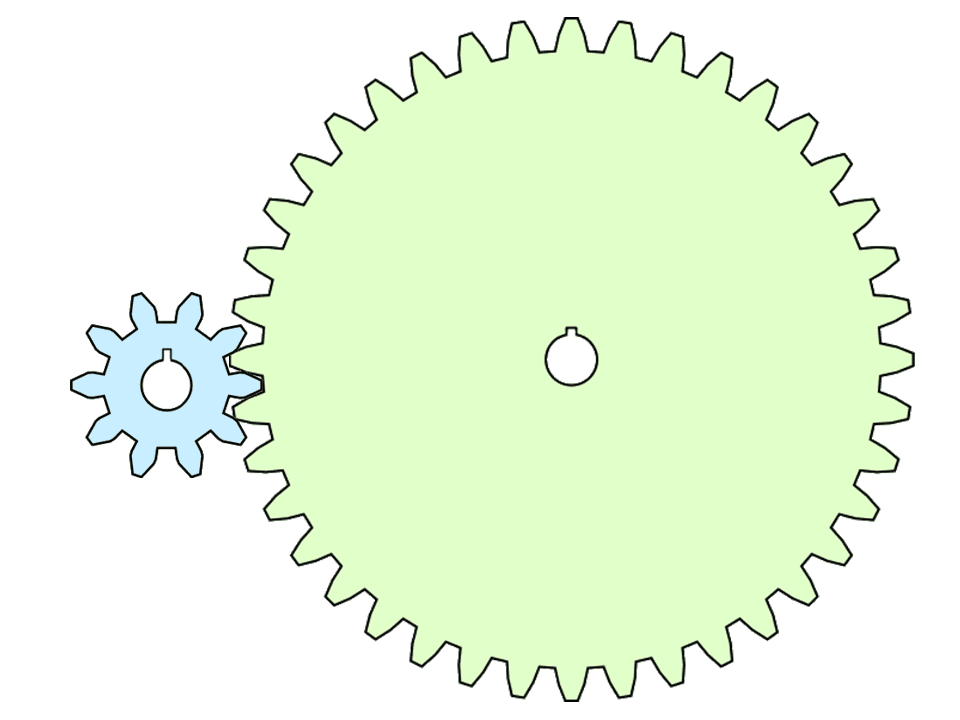 A simple drawing of two gears with an 10-toothed input gear and a 40-toothed output gear.