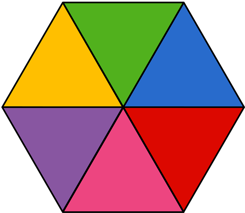Regular hexagon split into six equilateral triangles.