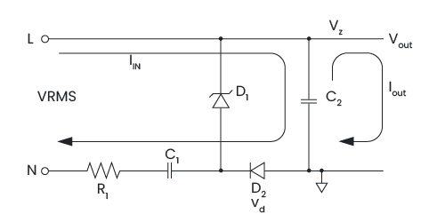 Example of a standard capacitive power supply, containing two diodes, one dropper capacitor, one smooth capacitor and one resistor.