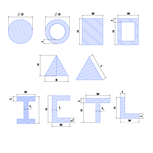 Different cross-sections with marked dimensions.