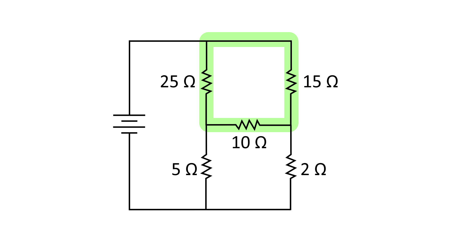 Diagram of a simple complete circuit with power source, three resistors in a delta configuration, and two more resistors to complete the circuit.