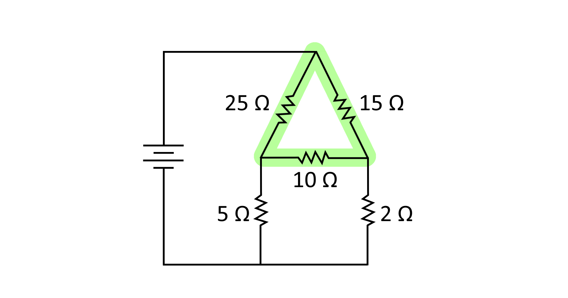 Simplified diagram to illustrate the triangular delta representation of the delta network in the circuit.