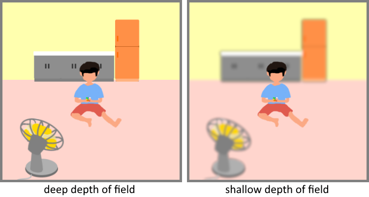 Illustration of a sample deep depth of field image and a shallow depth of field image.