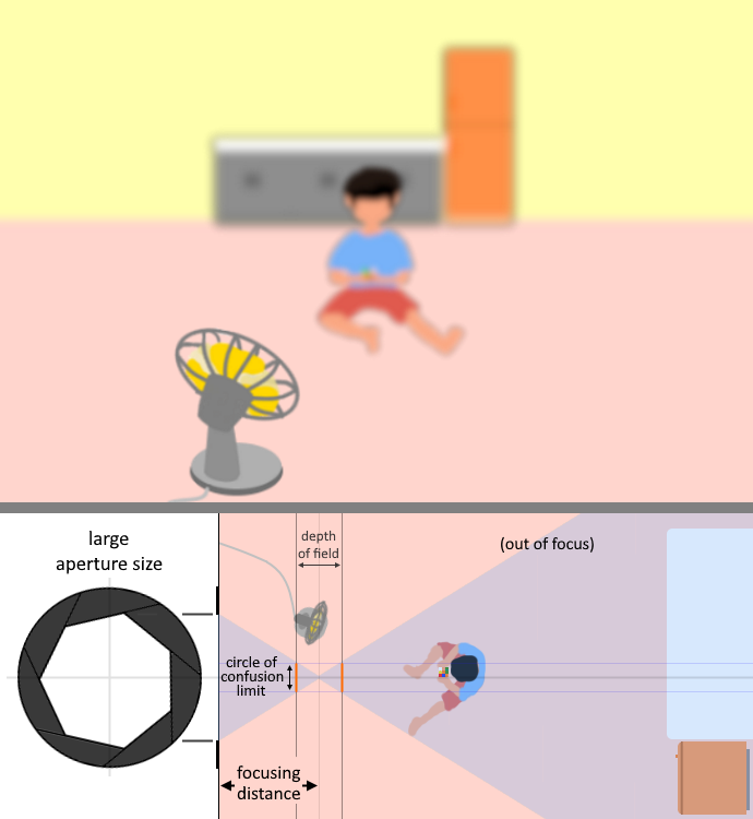 Illustration showing a shallow depth of field achieved using a large aperture opening and a very short focusing distance.