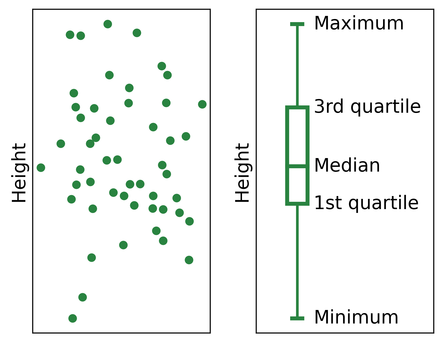 A scatter plot and its corresponding box plot. The minimum, maximum, median, and first and third quartiles are indicated.