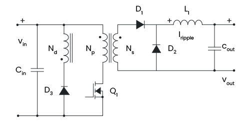 Circuit diagram for a standard forward converter, with two capacitors, one switching transistor, three diodes, one inductor, and one transformer.