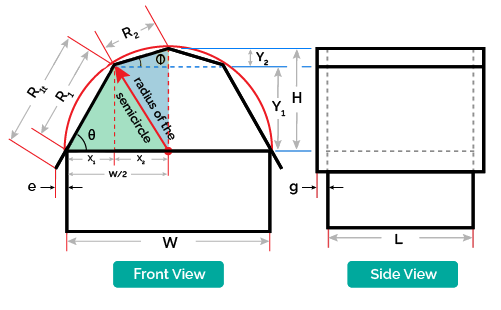 Diagram of a gambrel roof design layout using semicircle method showing its dimensions.