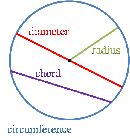 Image of the special lines of the circle - diameter, radius, chord and circumference