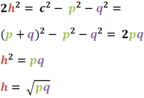 Formulas. Simplifications: 2h^2 = c2 - q^2 - p ^2 = (p+q)2 - q^2 - p^2 = 2pq, h^2 = pg, h = sqrt(pq)