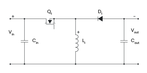 Circuit diagram for a standard inverting buck-boost converter, with two capacitors, one switching transistor, one diode, and one inductor.