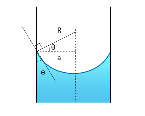 Water in a tubeforming lower meniscus at the water-air interface.