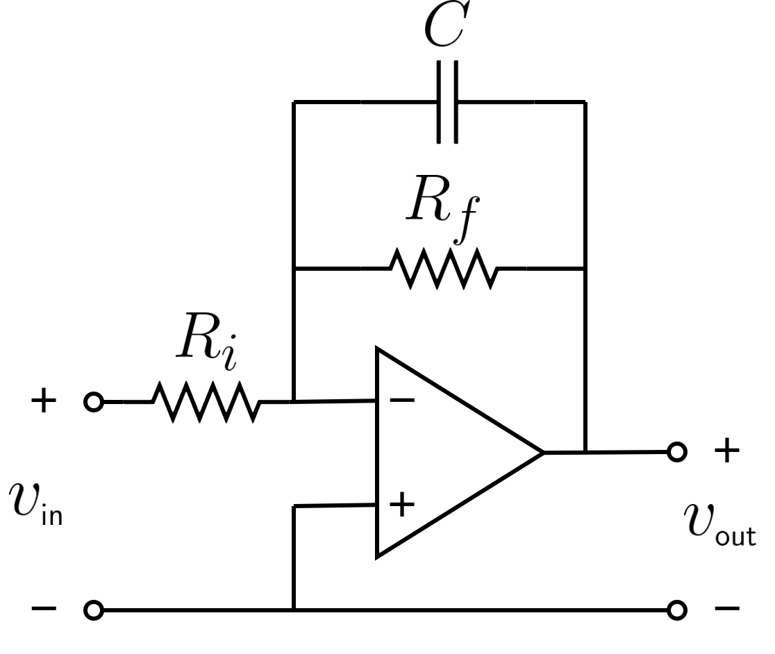 An inverting op-amp low-pass filter circuit diagram.