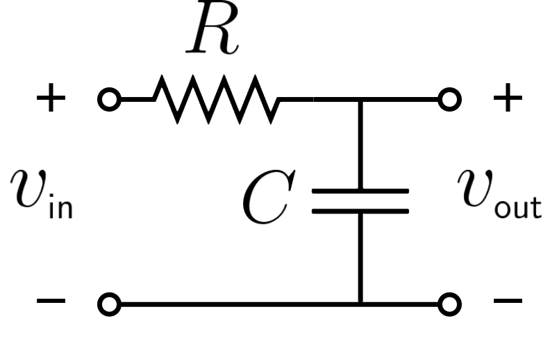 An RC low-pass filter circuit diagram.