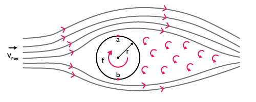 A cross sectional view of a spinning cylinder present in a moving fluid medium.
