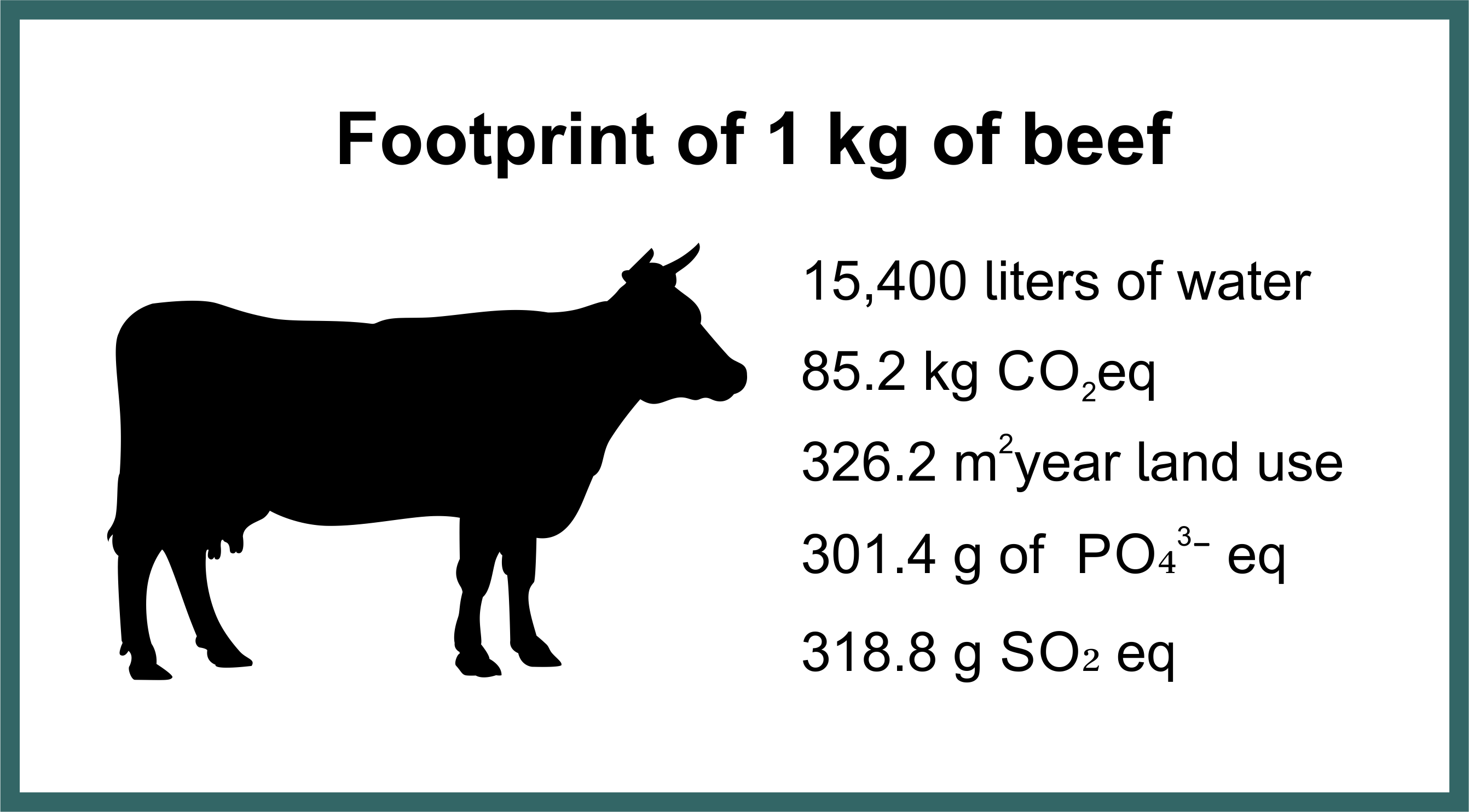 Footprint of 1kg of beef. 15400 liters of water, 85.2 kg CO2eq, 326,2 m2 year land use, 301.4g of PO4 3-, 318.8g SO2 eq.