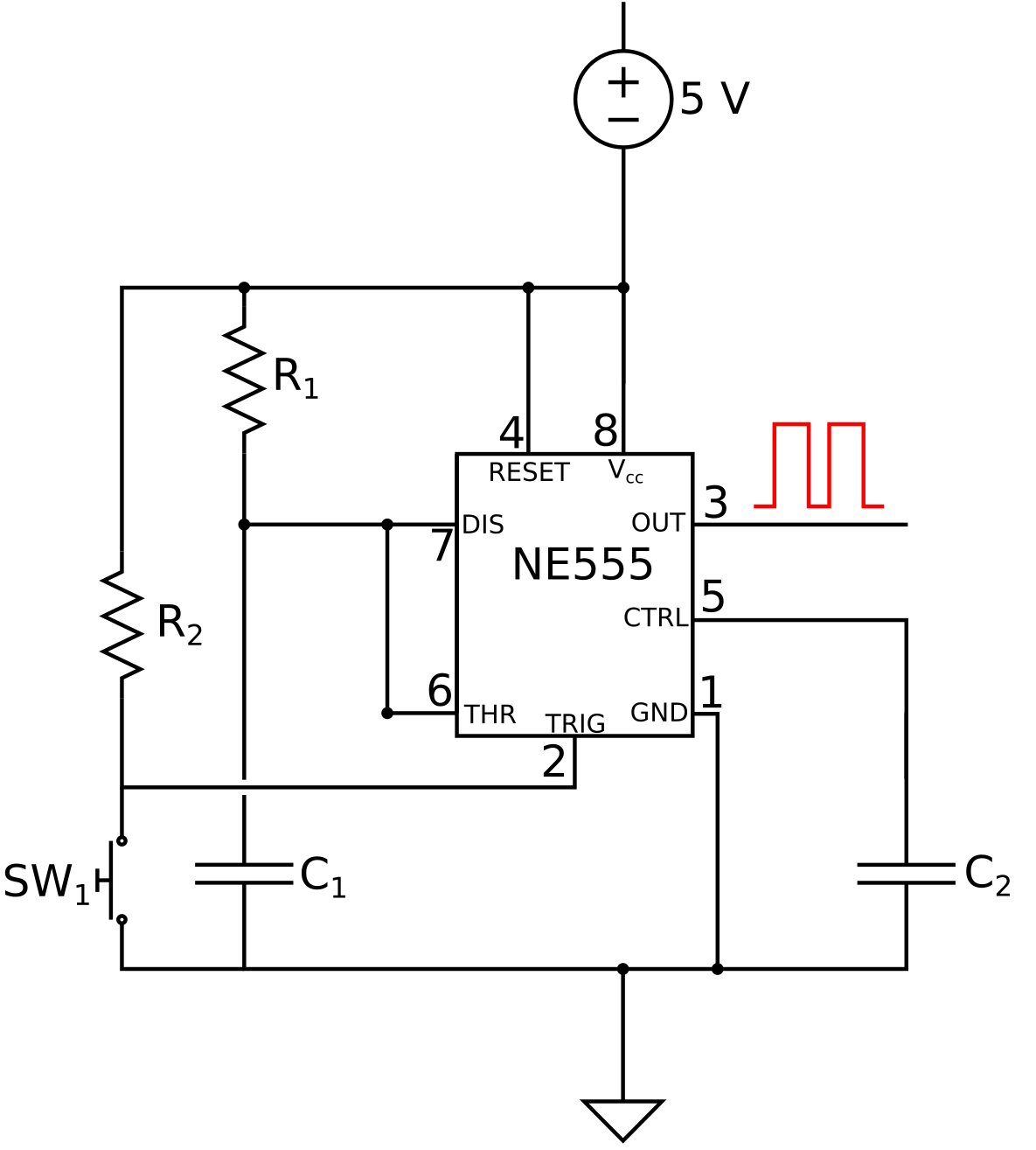 Circuital diagram for a 555 IC in monostable mode.