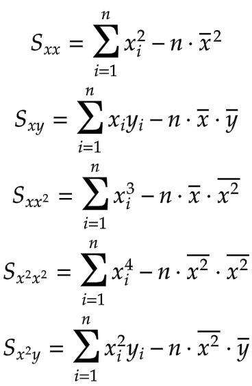 Derivation of formula for quadratic regression - alternative expressions for five sums