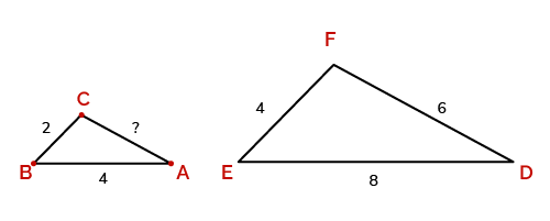 Two similar triangles $$\triangle \text{ABC}$$ and $$\triangle \text{DEF}$$ where the side $$\text{AC}$$ is unknown.