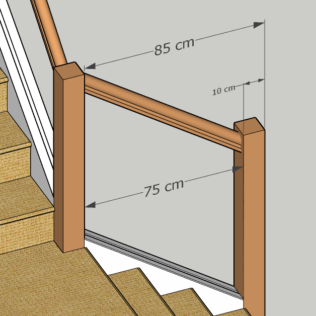 Illustration of a stair railing portion with an inside railing distance of 75 cm.