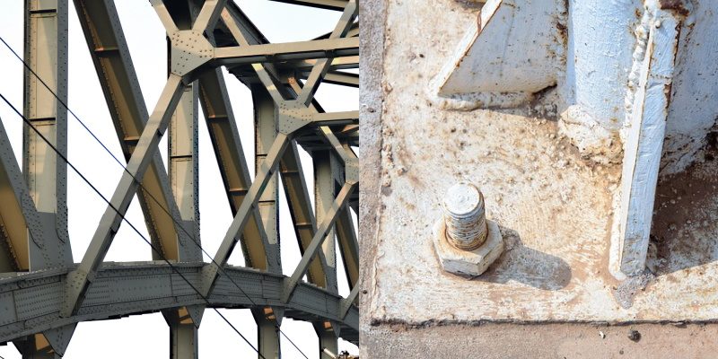 Combined image showing a steel bridge made of steel beams connected by steel gusset plates, and an image of a steel post with steel base plate and supporting fins.