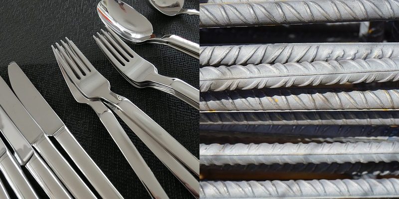 Image of steel products like cutlery and reinforcing bars.