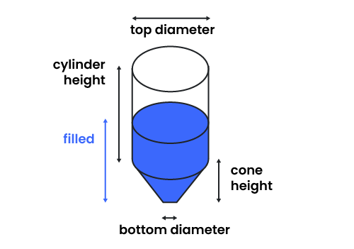 Cone bottom tank with marked dimensions.