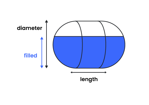 Horizontal capsule tank with marked dimensions.