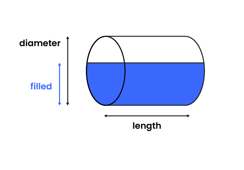 Horizontal cylinder tank with dimensions.