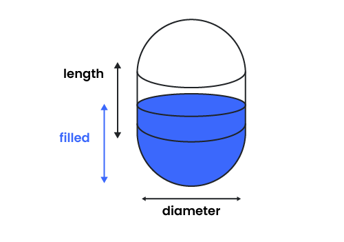 Vertical capsule tank with marked dimensions.