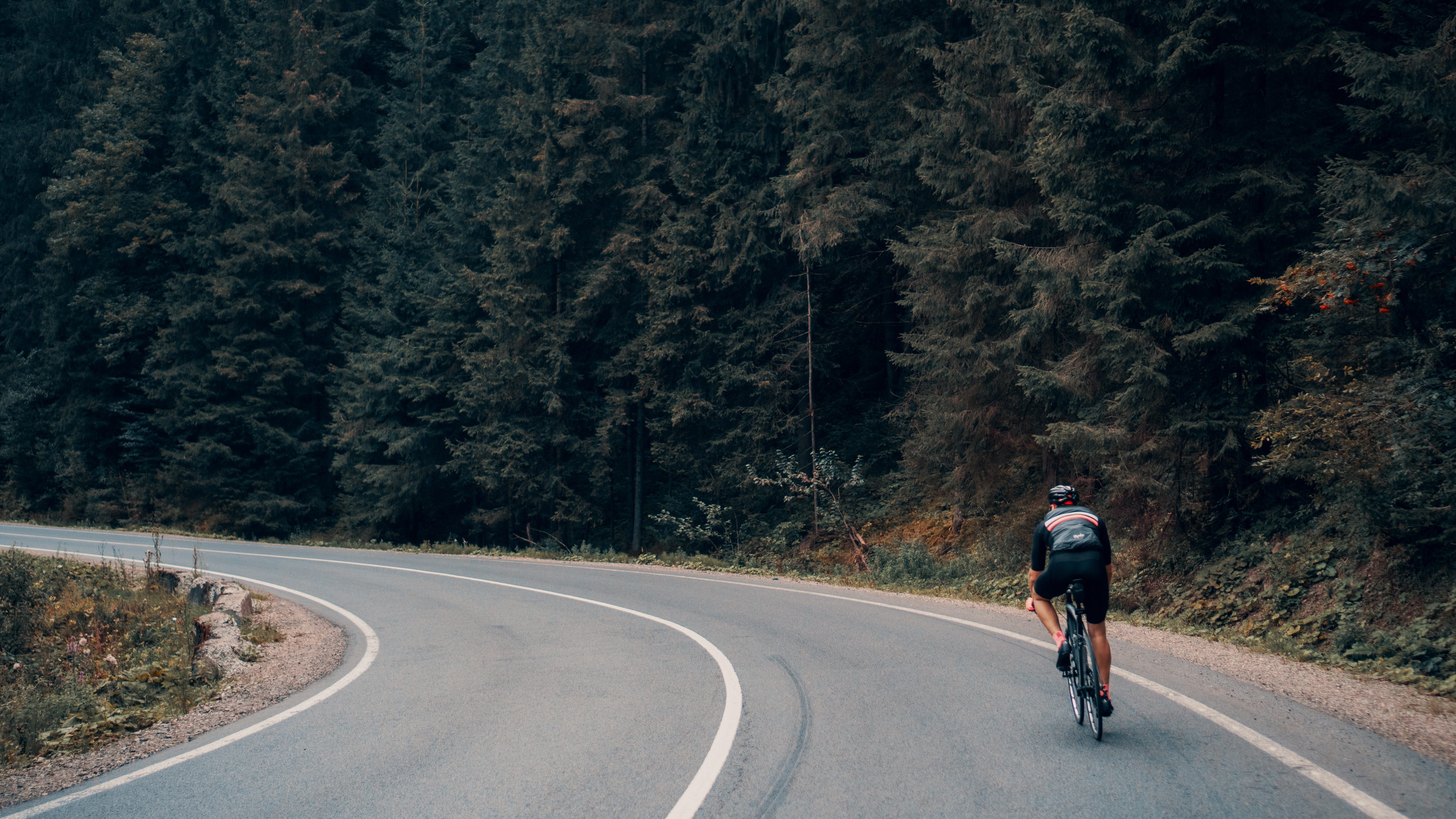 A man cycling on an empty road next to a forest.