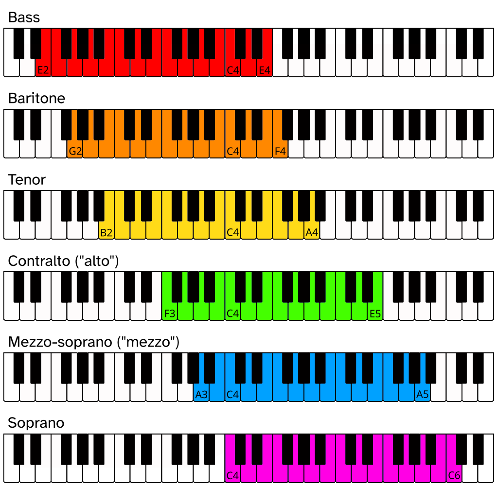 The ranges of the six classical voice types, namely bass, baritone, tenor, alto, mezzo soprano, and soprano.